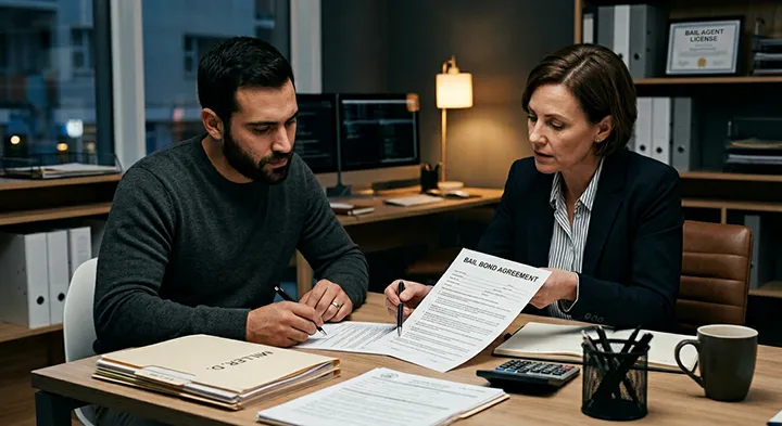 bail bond agent reviewing paperwork with cosigner in office